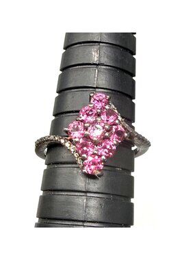 STS Cluster Ring Pink Tourmaline Elegant Oxidized Sterling Silver Sz 8 NEW